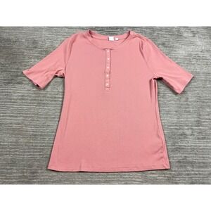 GAP Henley Top Womens L Pink Short Sleeve Ribbed Knit Button Neck Stretch
